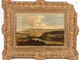 une peinture à l'huile représentant un paysage avec une rivière au premier plan
