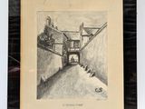 an old drawing of a building with a staircase leading up to it