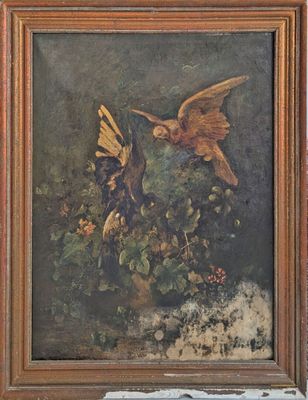 tableau représentant deux colibris en vol au-dessus d'un buisson fleuri