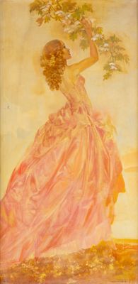 tableau représentant une femme en robe rose tenant une branche d'arbre