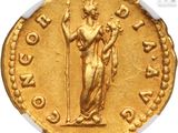 an image of a gold coin with a woman holding a staff
