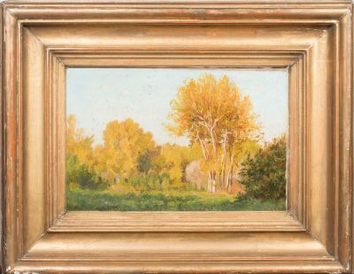 une peinture à l'huile d'un champ avec des arbres en arrière-plan