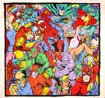 a close up of a painting of a group of superheros