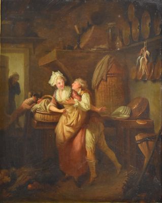 un vieux tableau représentant une femme et un enfant dans une cuisine