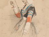 dessin représentant une femme en costume traditionnel tenant un bâton