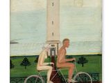 a painting of a man riding a bike next to a light house