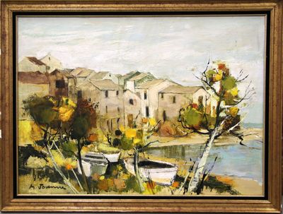 une peinture à l'huile représentant un bateau au bord d'un lac