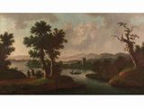 an image of a painting of a river with a man on a horse in the foreground