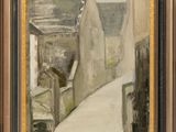an oil painting of a narrow street with buildings in the background
