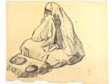 dessin au crayon représentant une femme assise par terre avec un livre