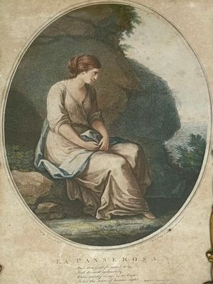 tableau représentant une femme assise sur un rocher dans un environnement boisé