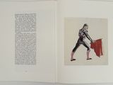 an open book with a drawing of a man holding a bull