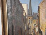 a painting of a woman walking down a street