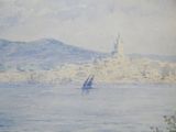 a painting of a sailboat in the water near a city