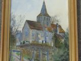 une peinture à l'huile représentant une église surmontée d'un clocher