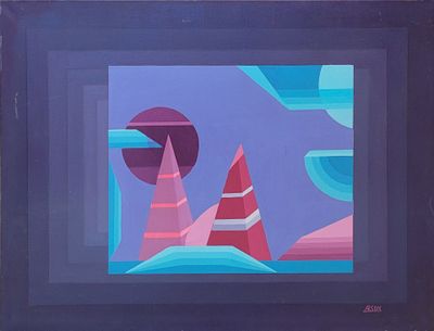 a picture of a painting of a lighthouse and a mountain