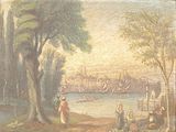 a painting of a painting of a city by the water