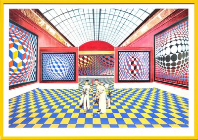 a painting of a room with a checkered floor and two people standing in it