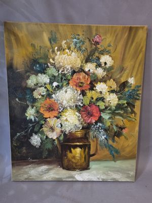 a painting of a vase of flowers on a table