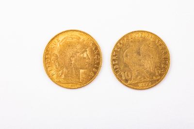 two pieces of gold coins on a white surface