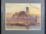 painting of a castle in the middle of a body of water