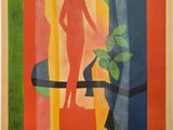 a painting of a woman standing in front of a window