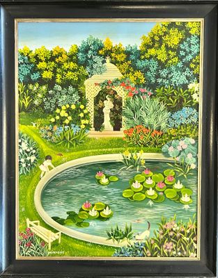 painting of a garden with a pond and a gazebo surrounded by water lilies