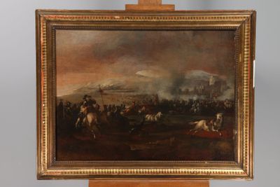 an oil painting of a painting of a military scene on a wooden easel