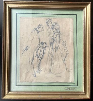 une image représentant un dessin d'un homme et d'une femme accompagnés d'un chien