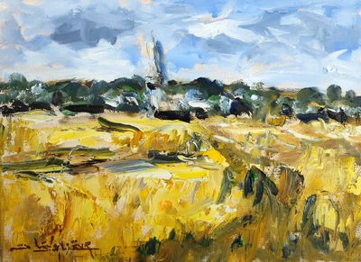 an oil painting of a field of yellow grass with trees in the background