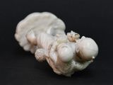 a white shell with a snail on it on a black surface