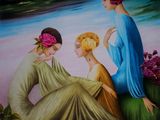 painting of three women sitting on a bench with flowers in their hair