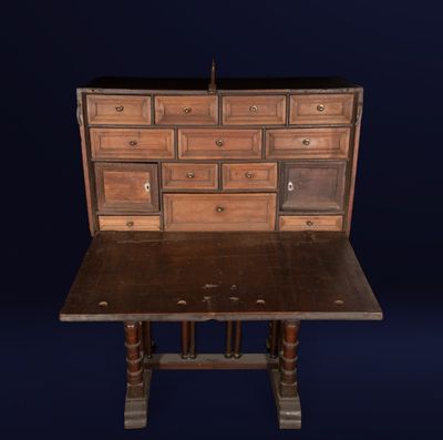 an image of a desk made out of wood and metal