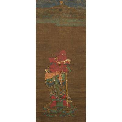a painting of a vase with flowers on a brown background