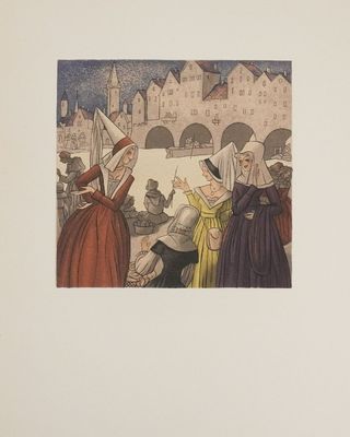an illustration of a group of people standing in front of a castle
