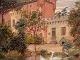 une photo d'un tableau représentant un château avec des cygnes dans l'eau