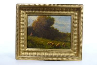 une photo d'un tableau représentant des moutons paissant dans un champ