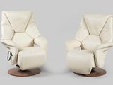 pair of cream leather recliners with wooden base and foot rest