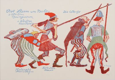 dessin représentant un groupe d'hommes à cheval, avec un drapeau en arrière-plan