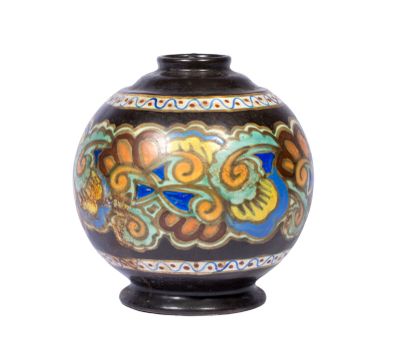a black vase with a colorful design on it
