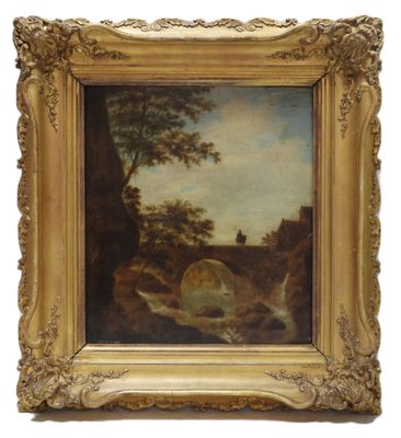 an oil painting of a man and a dog in a wooded landscape
