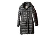 a woman ' s long black down coat with a hood