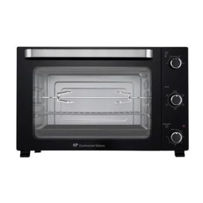 un four grille-pain noir avec une porte en verre, sur fond blanc