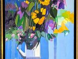 a painting of flowers in a vase on a table