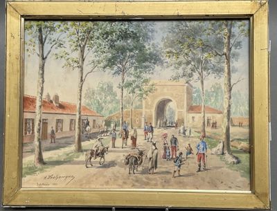 painting of a village scene with a horse drawn carriage in the foreground and people walking in the foreground