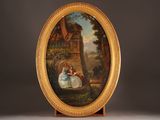 an oval painting of two women sitting on a bench in front of a tree