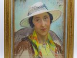 painting of a woman in a white hat and scarf in a gold frame