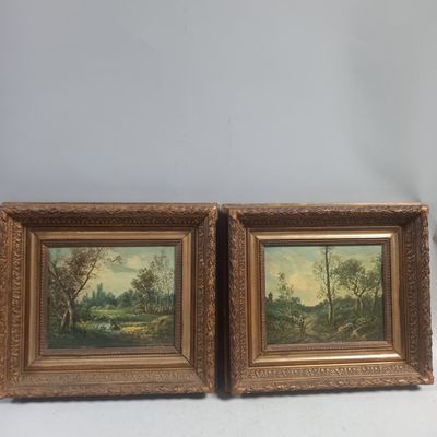 paire de peintures à l'huile du XIXe siècle représentant un paysage champêtre