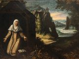 un vieux tableau représentant une femme debout dans une grotte, un livre à la main