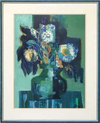 a painting of flowers in a vase on a table